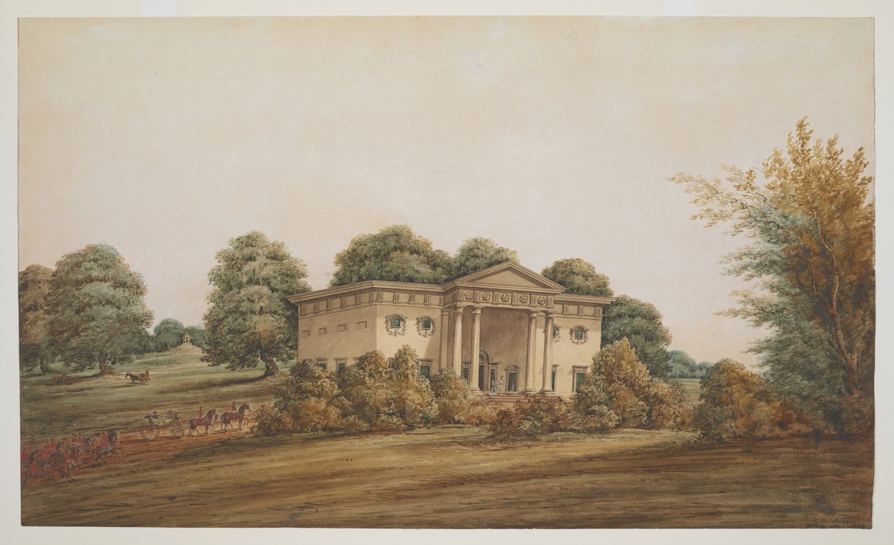 Palladianowy domek z ogrodem w przypominającym park krajobrazie Delhi, z którym zbliża się powóz i podróżnicy autorstwa George Hutchinson