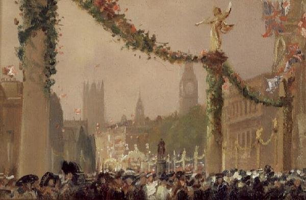 Dekoracje w Whitehall na koronację króla Jerzego V autorstwa George Hyde Pownall