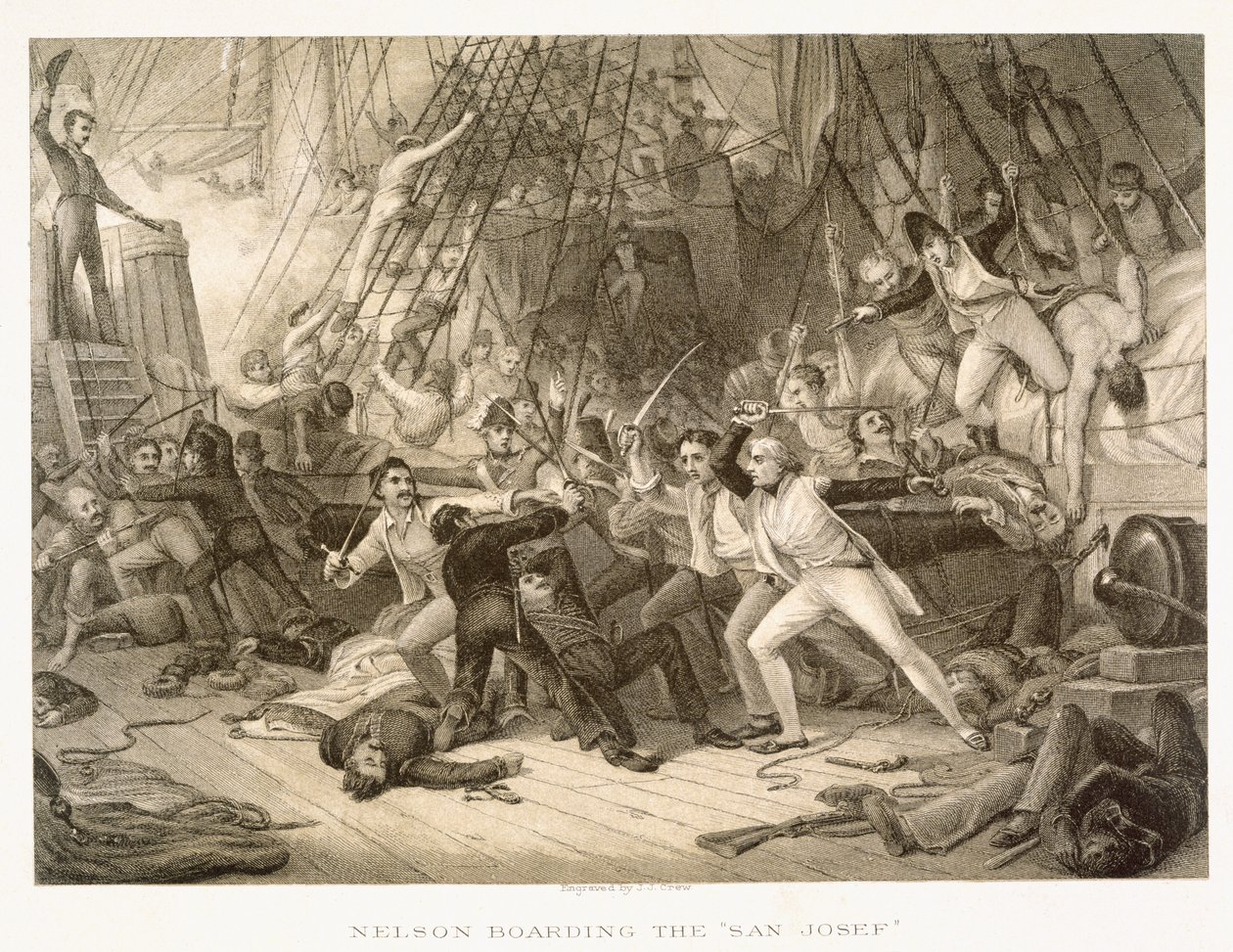 Horatio Nelson na pokład San Josef w bitwie pod Cape St Vincent, 14 lutego 1797, grawerowane przez Johna Crew na podstawie oryginału w Greenwich Hospital Collection autorstwa George Jones