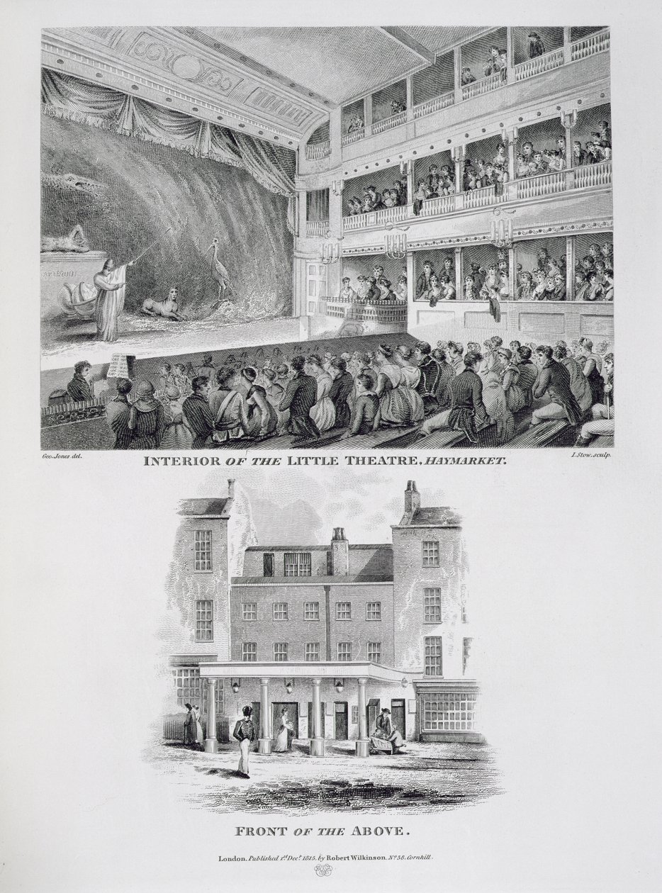 Wnętrze Little Theatre, Haymarket w Londynie i Front of the Above, grawerowane przez Jamesa Stow (c.1770-1820) 1815 autorstwa George Jones