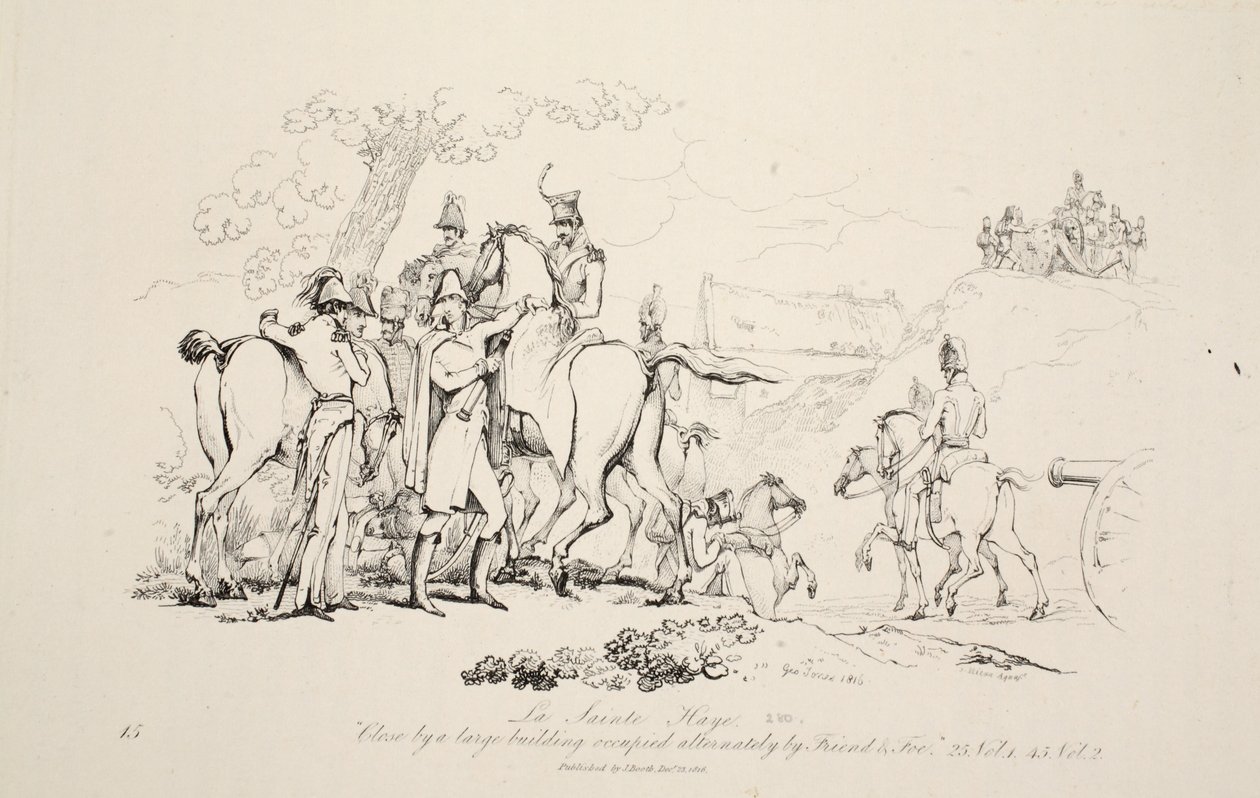 La Sainte Haye: W pobliżu dużego budynku zajmowanego na przemian przez Friend and Foe, pub. J. Booth, 1816 autorstwa George Jones