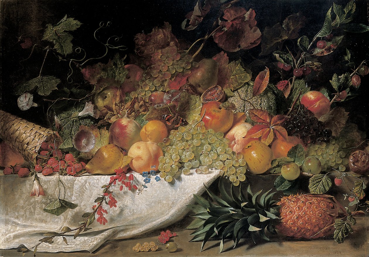 Owoce i kwiaty na kamiennej półce, 1829 autorstwa George Lance