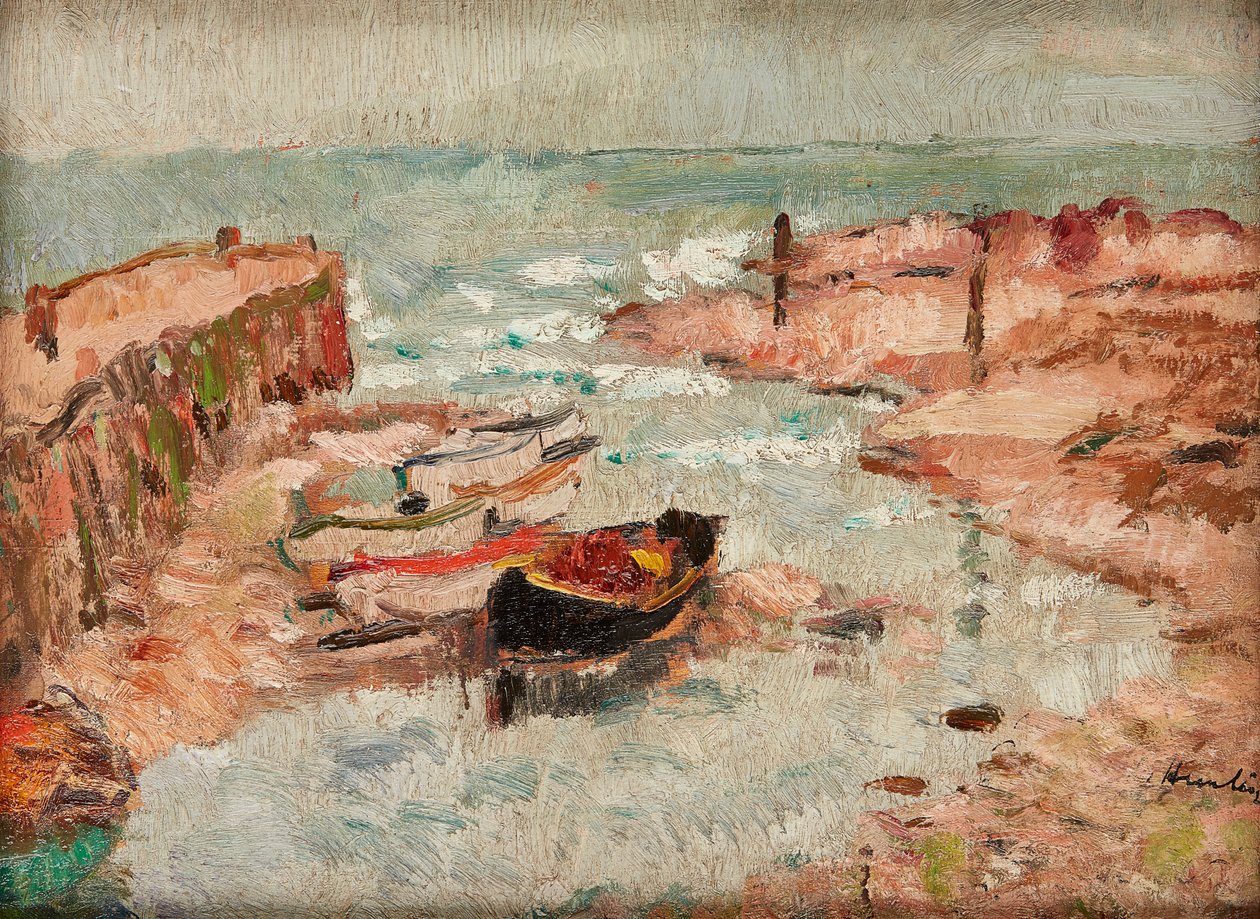 Beached Boats, Lower Largo (olej na panelu) autorstwa George Leslie Hunter