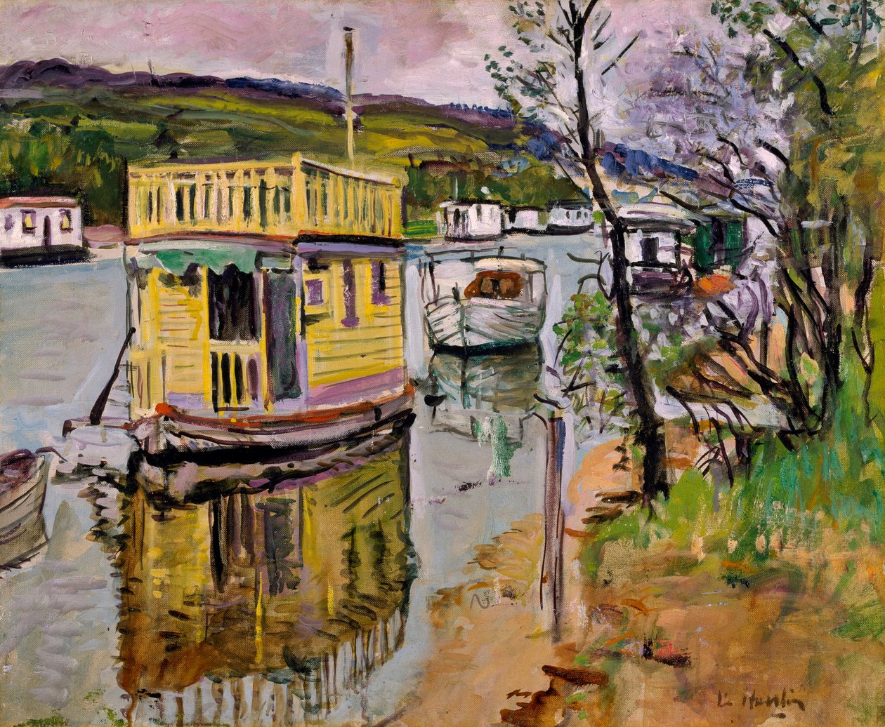 Łodzie mieszkalne, Loch Lomond (olej na płótnie) autorstwa George Leslie Hunter
