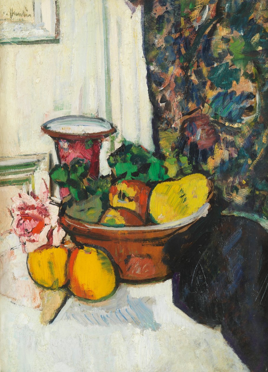 Martwa Natura Z Owocami i Różową Różą (olej na pokładzie) autorstwa George Leslie Hunter