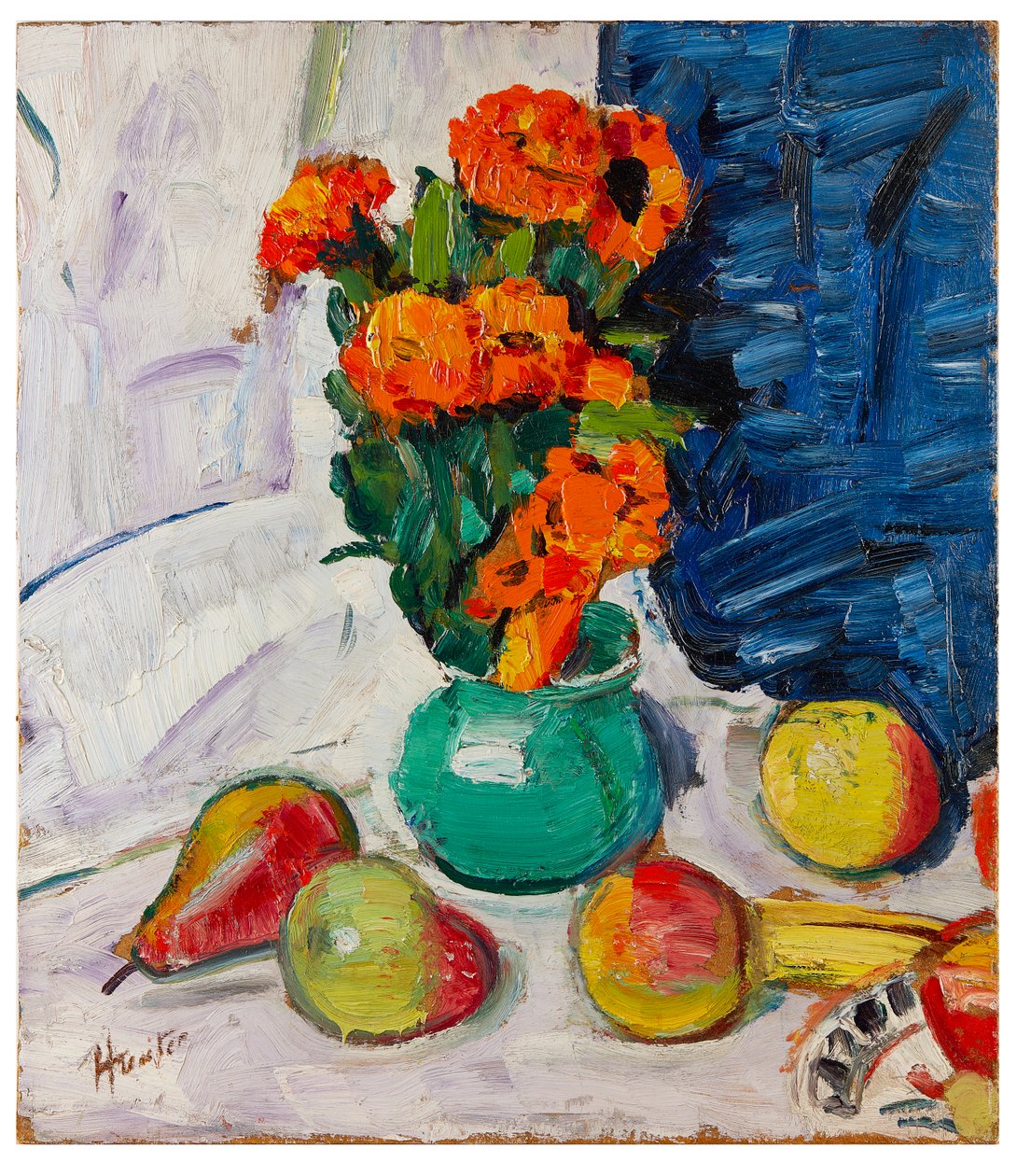Martwa natura z nagietkami (olej na pokładzie) autorstwa George Leslie Hunter