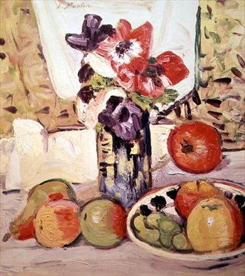 Martwa natura z zawilcami i jabłkami (olej na płótnie) autorstwa George Leslie Hunter