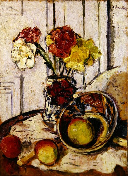 Martwa natura z jabłek i goździków (olej na panelu) autorstwa George Leslie Hunter