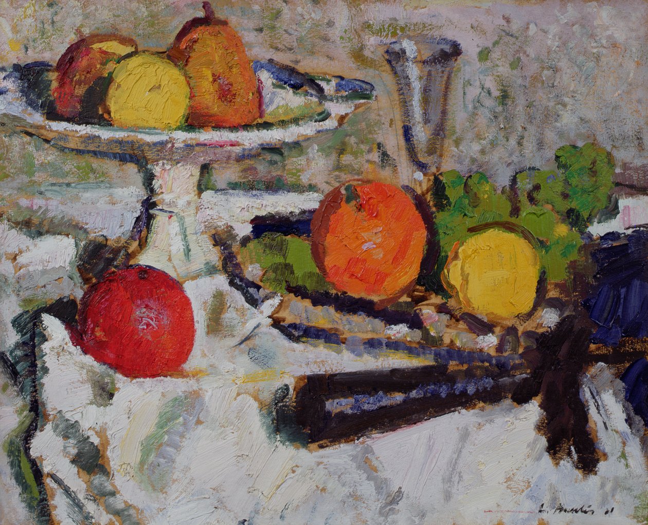 Martwa natura owoców na białym obrusie, 1921 autorstwa George Leslie Hunter
