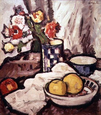 Martwa natura z róż i owoców (olej na płótnie) autorstwa George Leslie Hunter