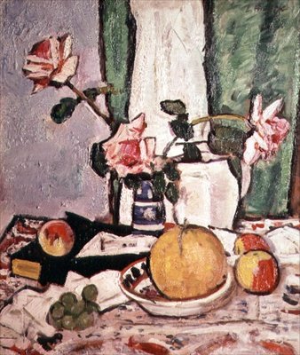 Martwa natura róż i grejpfruta (olej na płótnie) autorstwa George Leslie Hunter