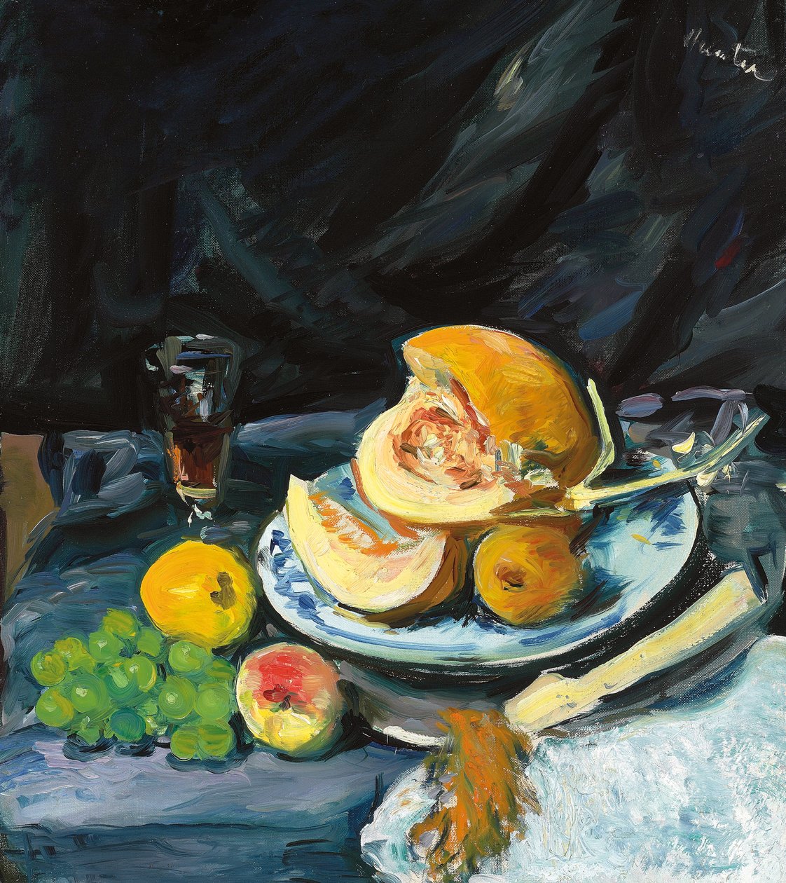 Martwa natura z ciętym melonem, szkłem i wachlarzem 1920 autorstwa George Leslie Hunter
