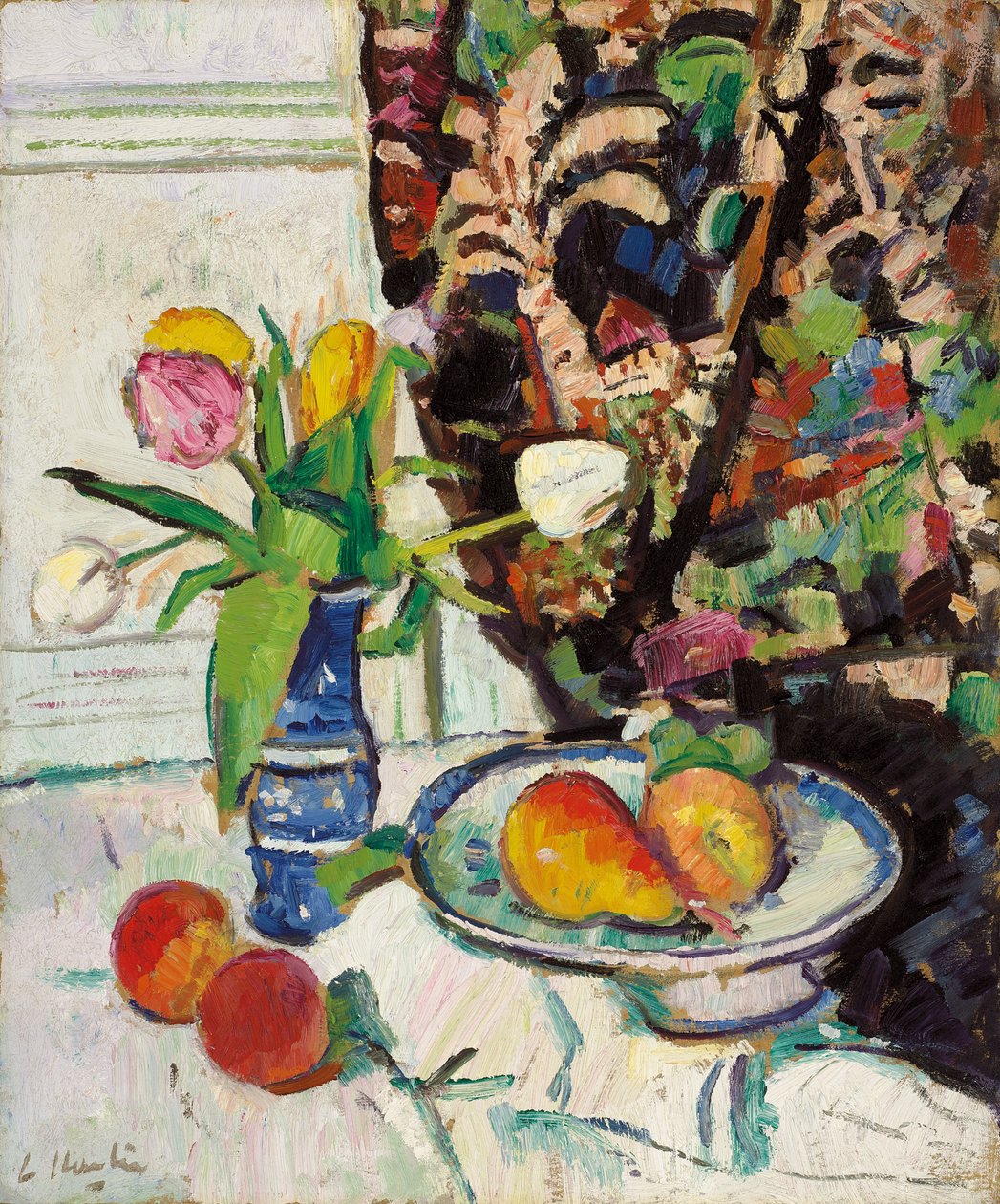 Martwa natura z tulipanami i owocami, autorstwa George Leslie Hunter