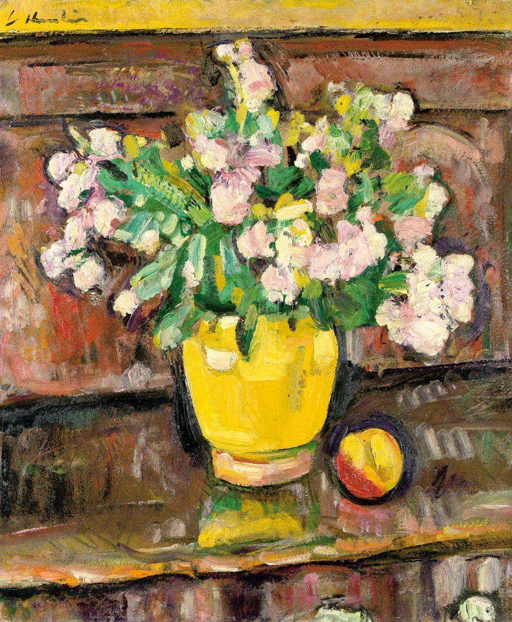 Martwa natura z kwiatami w żółtym wazonie autorstwa George Leslie Hunter