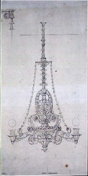 Projekt żyrandola (długopis i sepia na papierze) autorstwa George Maddox