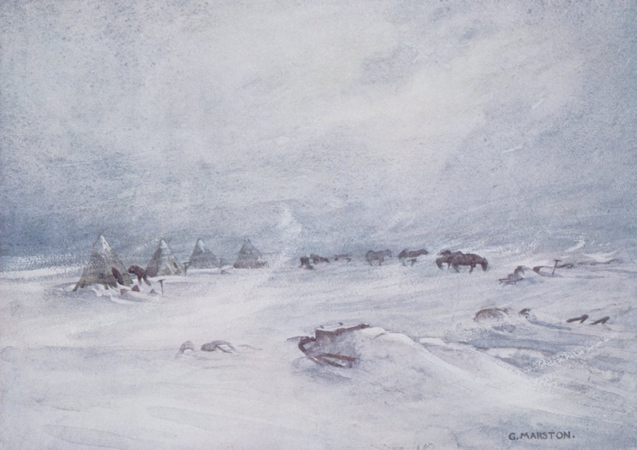 Blizzard on the Barrier, ilustracja z „Nimrod in the Antarctic 1907-09” autorstwa Sir Ernesta Shackletona (1874-1922) autorstwa George Marston