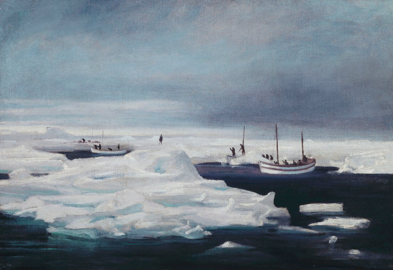 James Caird, Dudley Docker i Stancomb Wills zacumowane do kry na Morzu Weddella, kwiecień 1916 autorstwa George Marston