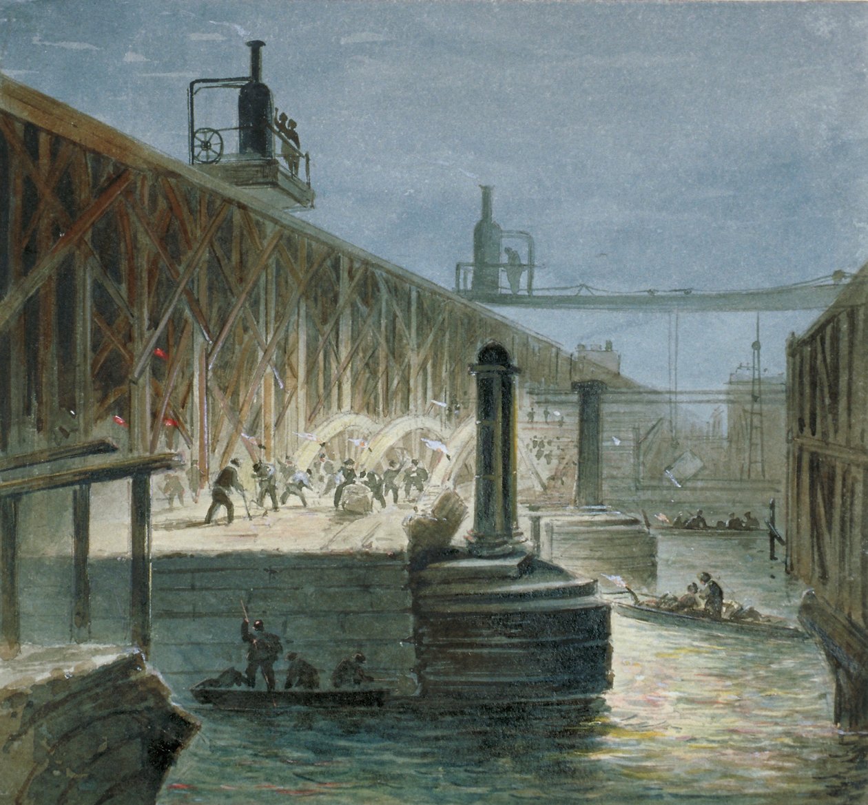 Prace rozbiórkowe prowadzone na moście Blackfriars od brzegu Surrey, Londyn, 1865 autorstwa George Maund