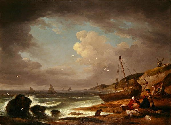Scena nadmorska z mężczyznami naprawiającymi łódź (olej na płótnie) autorstwa George Morland