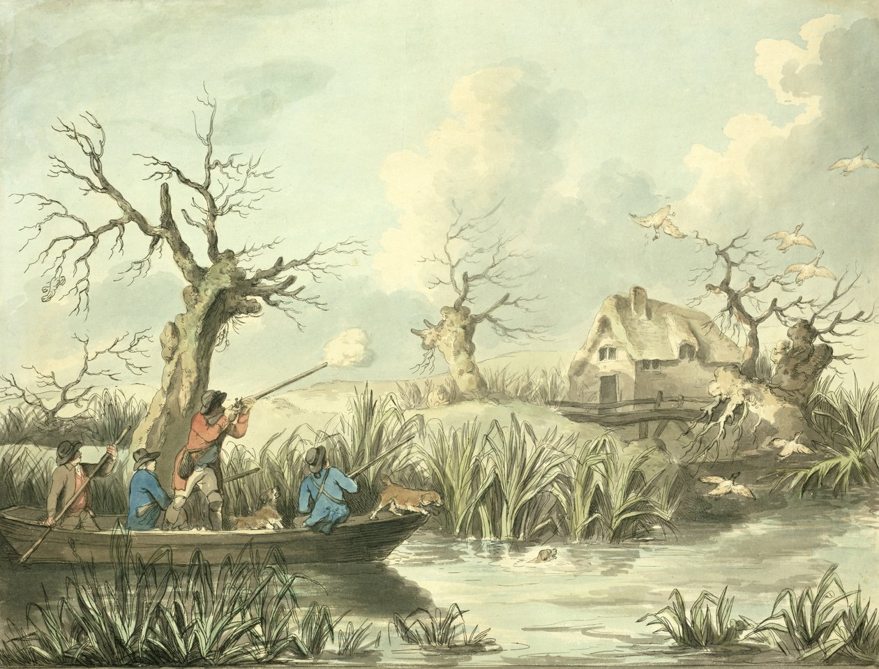 Strzelanie do kaczek, sztych. Thomas Rowlandson (1756-1827), wyd. J. Harris, 1789 (akwaforta kolorowa) (patrz także 125725-27) autorstwa George Morland