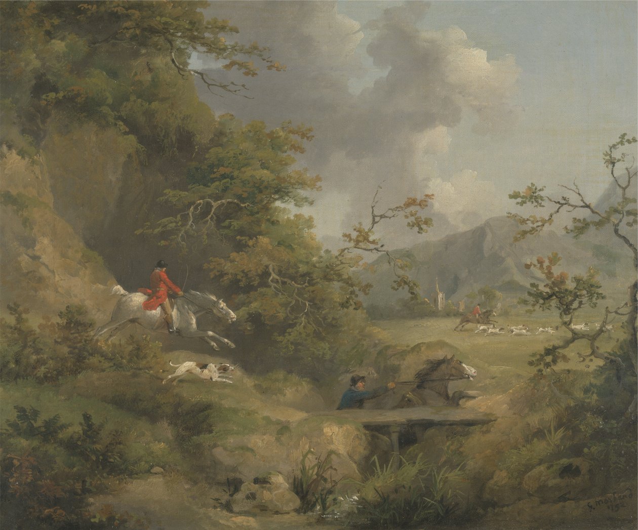 Polowanie na lisy w pagórkowatym kraju (olej na płótnie) autorstwa George Morland