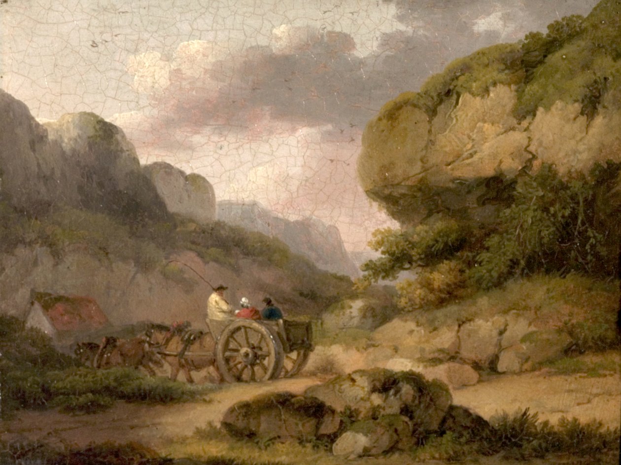 Krajobraz z końmi, wozem i postaciami autorstwa George Morland