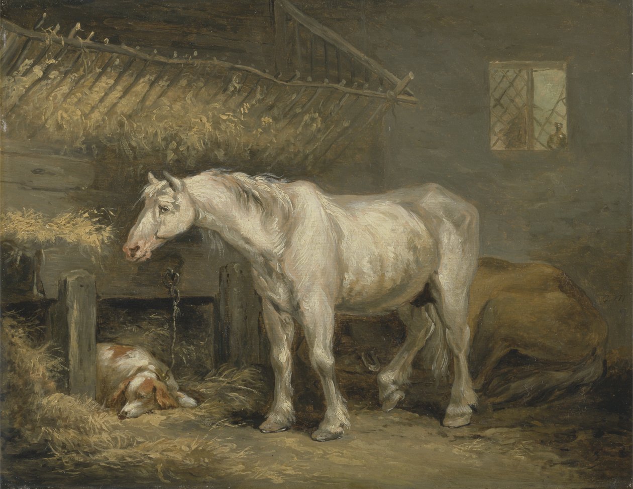 Stare konie z psem w stajni, ok. 1791 (olej na desce) autorstwa George Morland