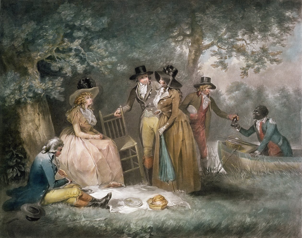 Poczęstunek wędkarzy, ryt. William Ward (1766-1826), wyd. JR Smith, 1789 (grawerunek mezzotinta) autorstwa George Morland