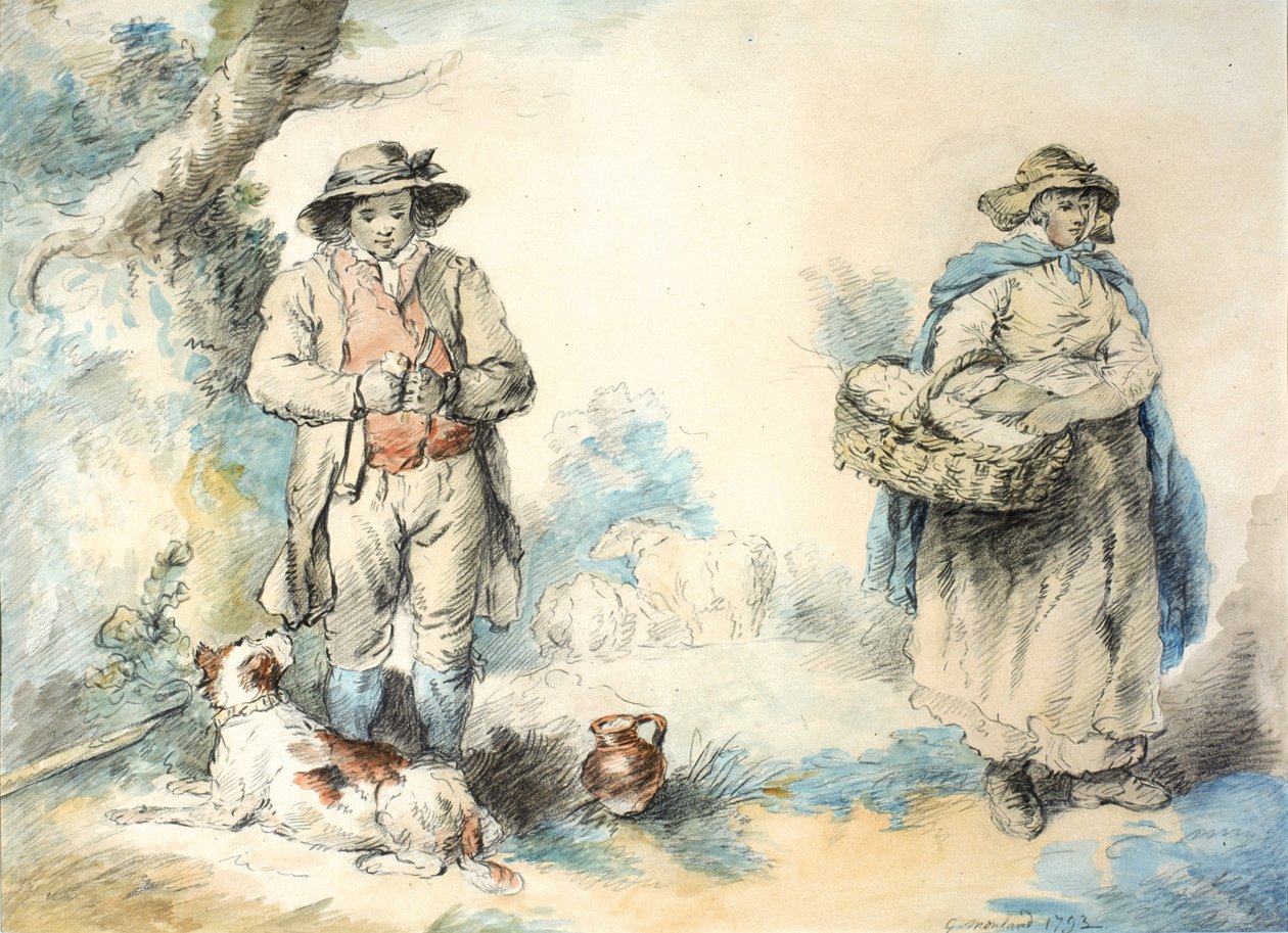 The Higglers (pastel (czarny) i akwarela na papierze (wklejony na papierze)) autorstwa George Morland