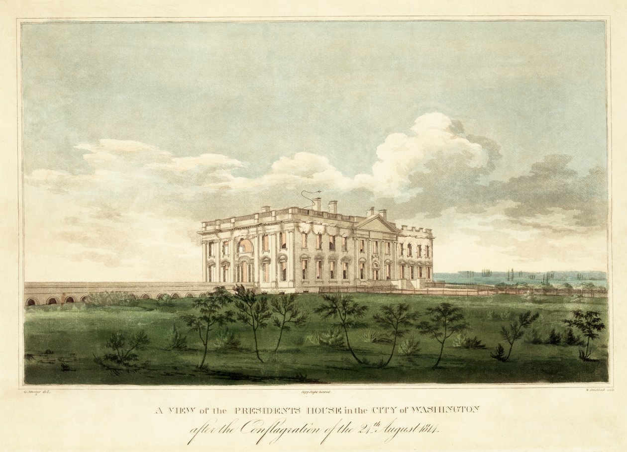 Widok Domu Prezydentów w Waszyngtonie po pożarze w dniu 24 sierpnia 1814 r., pub. 1814 autorstwa George Moutard Woodward