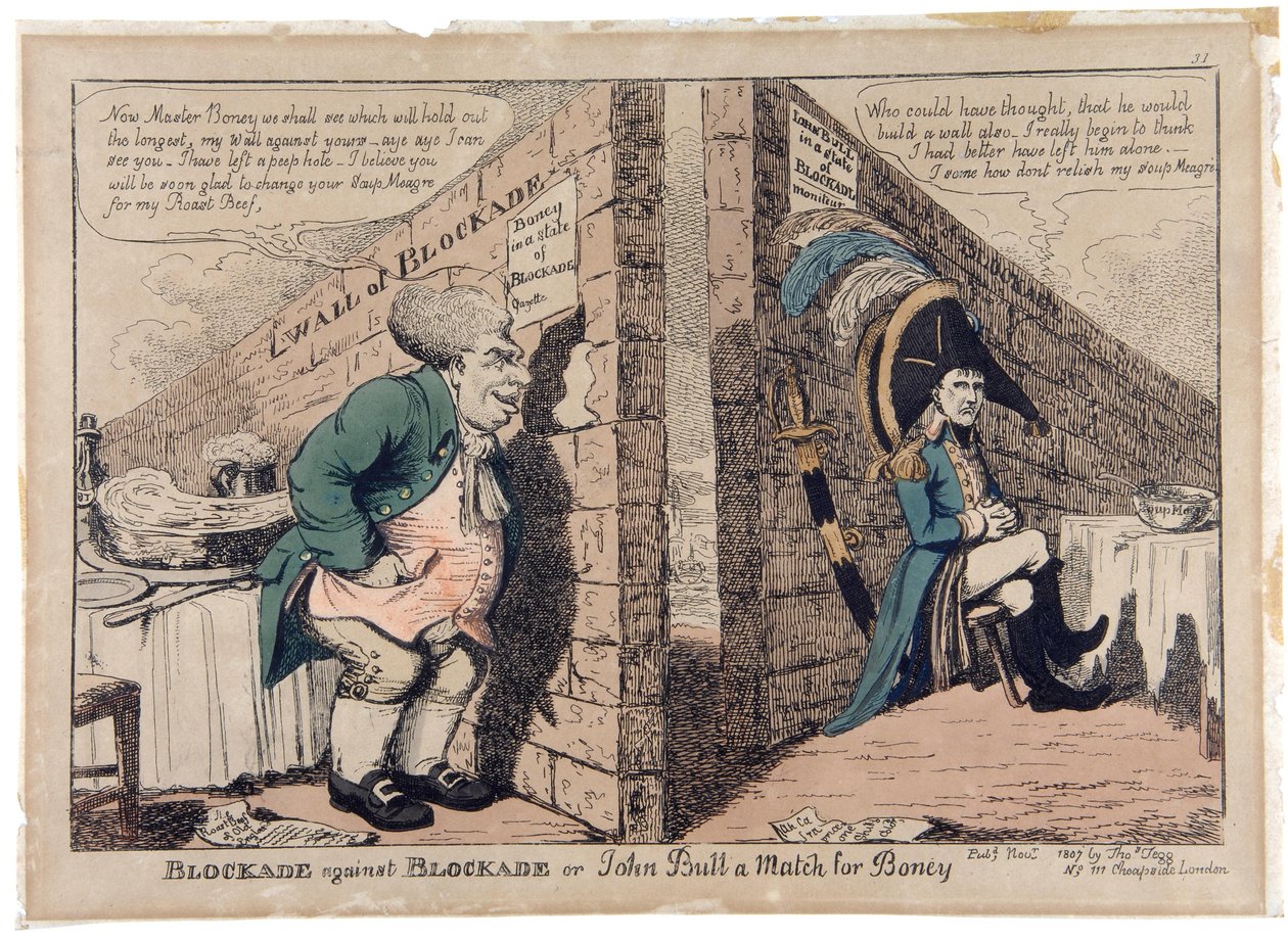 Blockade przeciwko Blockade lub John Bull a Match for Boney autorstwa George Moutard Woodward