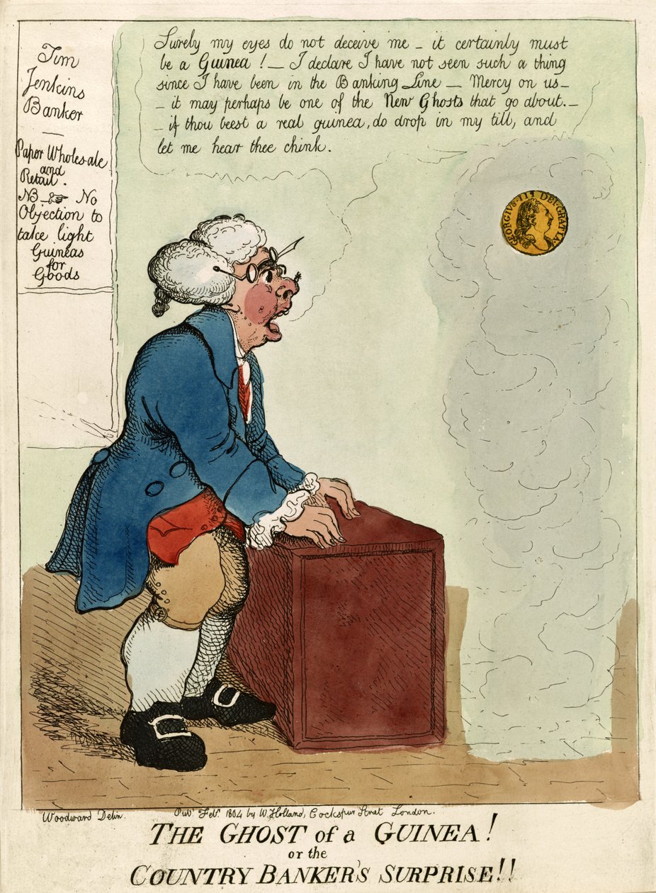 Duch Gwinei! czy Niespodzianka bankiera wiejskiego!, wyd. 1804 (grawerowanie ręcznie kolorowane) autorstwa George Moutard Woodward