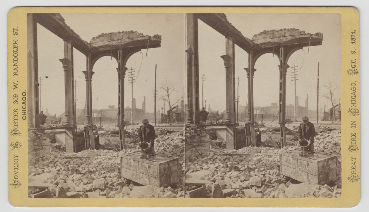 Stereogram mężczyzny schładzającego sejf wśród ruin po pożarze Chicago z 1871, 1871 (bw zdjęcie na uchwycie na kartę) autorstwa George N. Barnard
