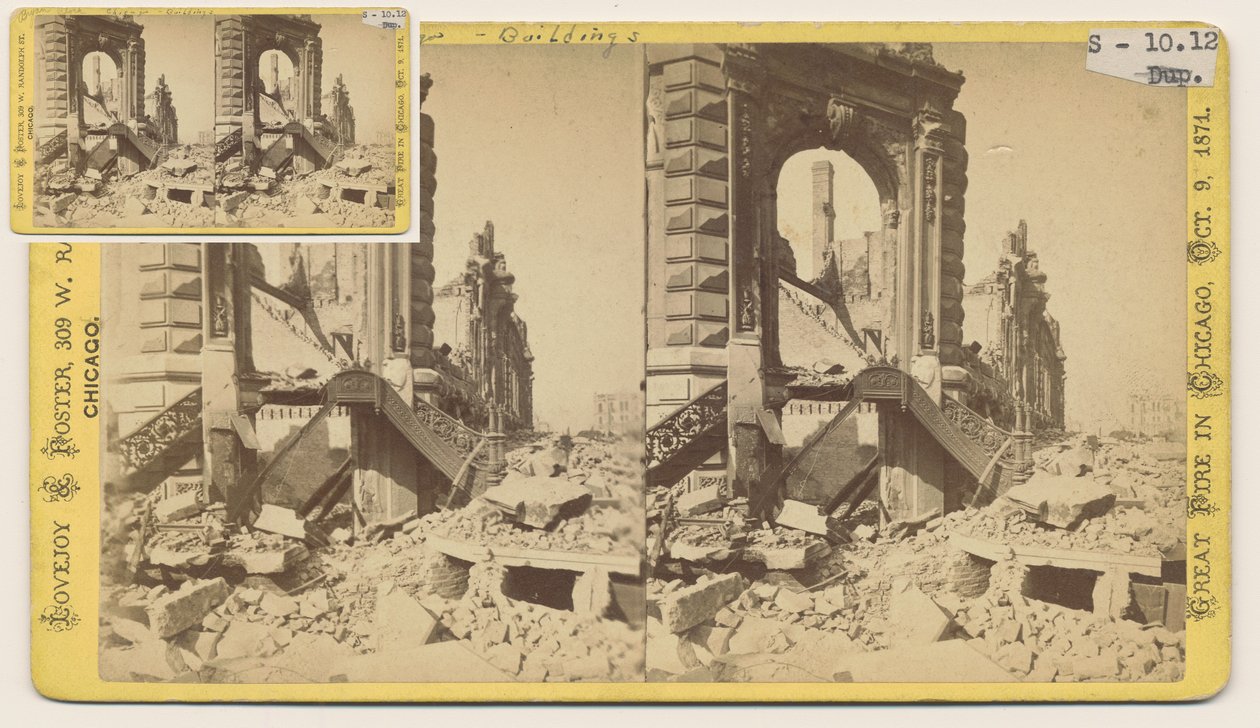 Stereografia Bryan Block w północno-zachodnim rogu ulic Monroe i LaSalle po pożarze Chicago w 1871, 1871 (bw zdjęcie na uchwycie karty) autorstwa George N. Barnard