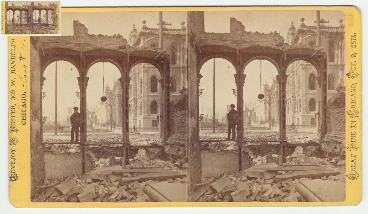 Stereografia gmachu sądu widzianego przez ruiny wschodniej strony Clark Street po pożarze Chicago w 1871, 1871 (m.in. zdjęcie na uchwycie na kartę) autorstwa George N. Barnard
