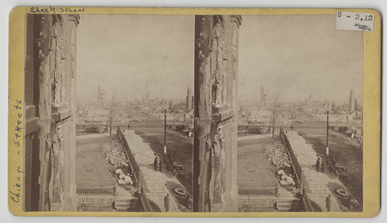 Stereograficzny widok Clark Street po pożarze Chicago w 1871 r autorstwa George N. Barnard