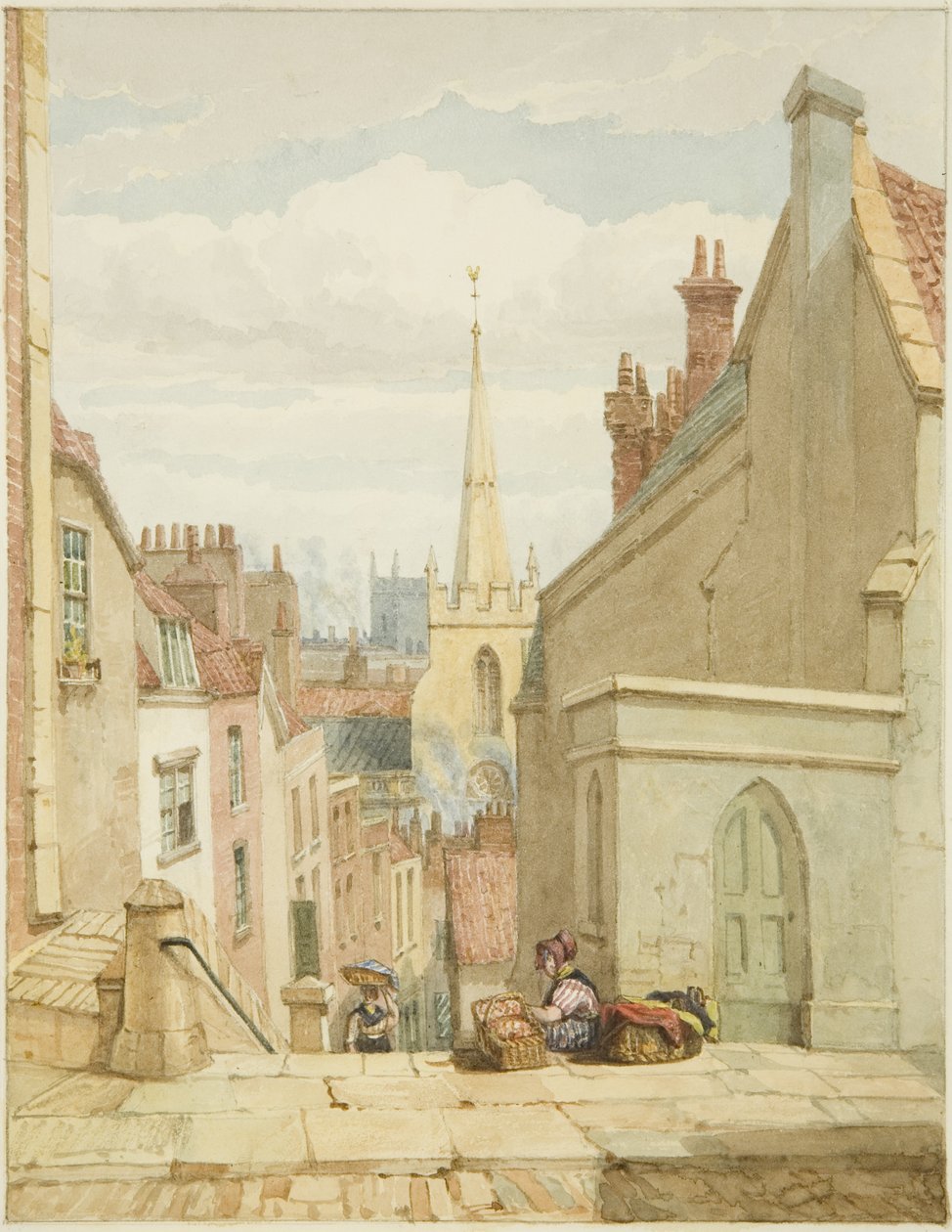 Queen Street [późniejsze Christmas Steps] (ołówek i akwarela na papierze) autorstwa George Orleans Delamotte
