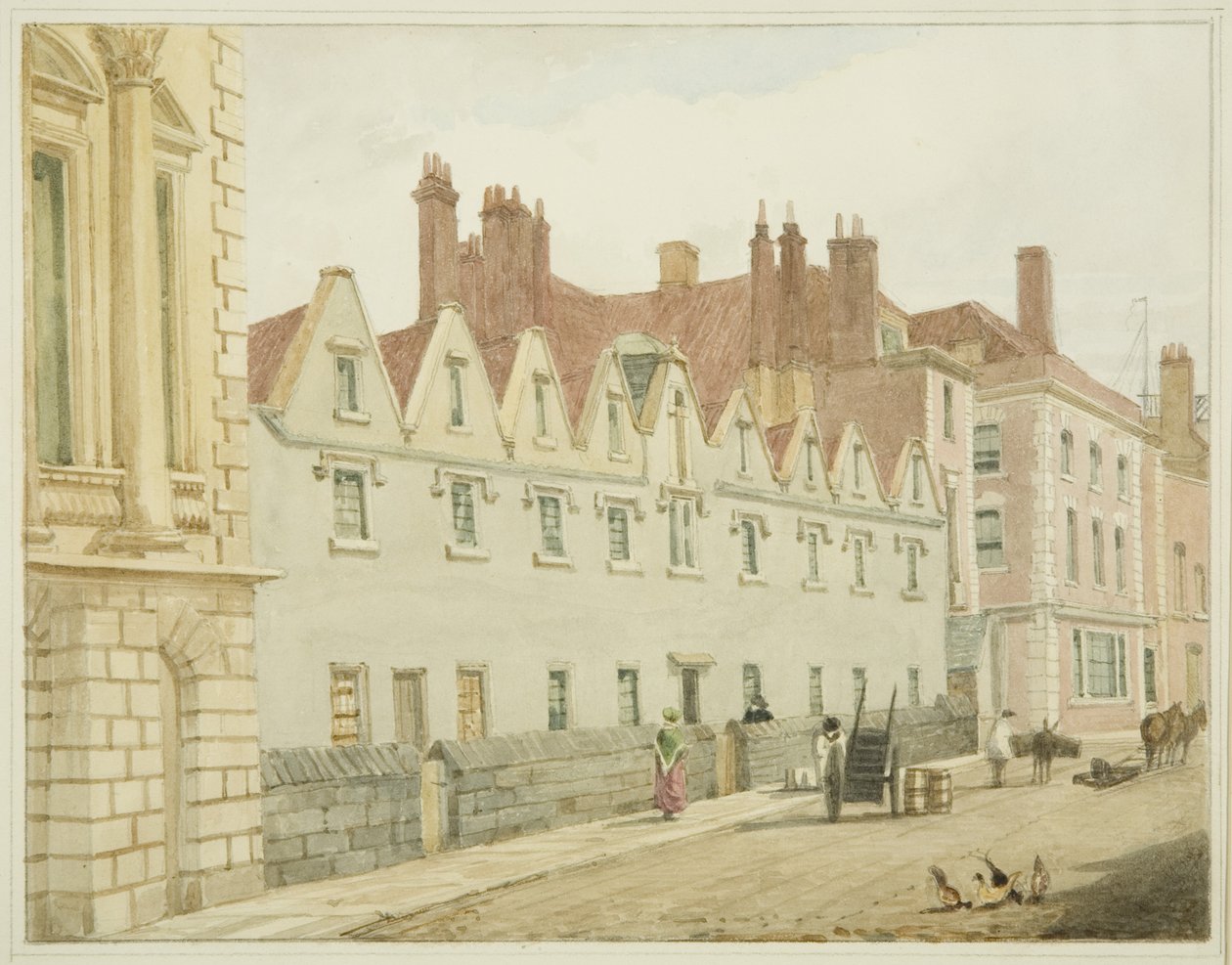 Przytułki św. Mikołaja, King Street (ołówek i akwarela na papierze) autorstwa George Orleans Delamotte