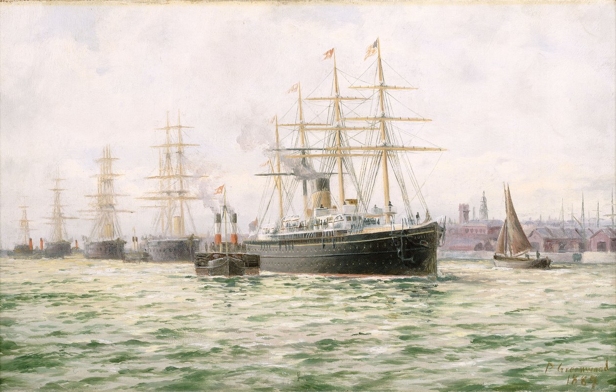 Parowiec White Star Line "Adriatic" opuszczający Liverpool, koniec XIX wieku (obraz olejny) autorstwa George Parker Greenwood