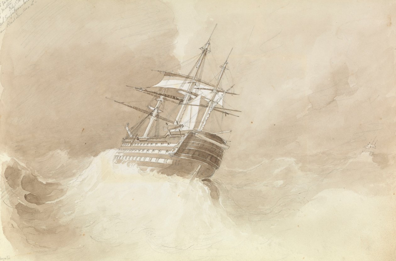HMS "Trafalgar" tracący ster w północno-wschodniej wichurze u wybrzeży Malty autorstwa George Pechell Mends