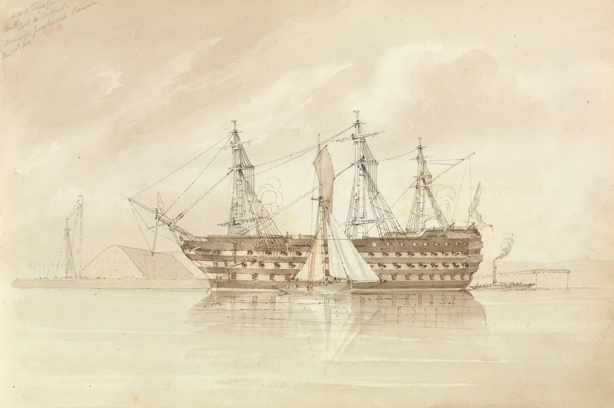 HMS "Trafalgar" u wybrzeży Sheerness, z pokładu "Shannon", 28 grudnia 1850 r. autorstwa George Pechell Mends