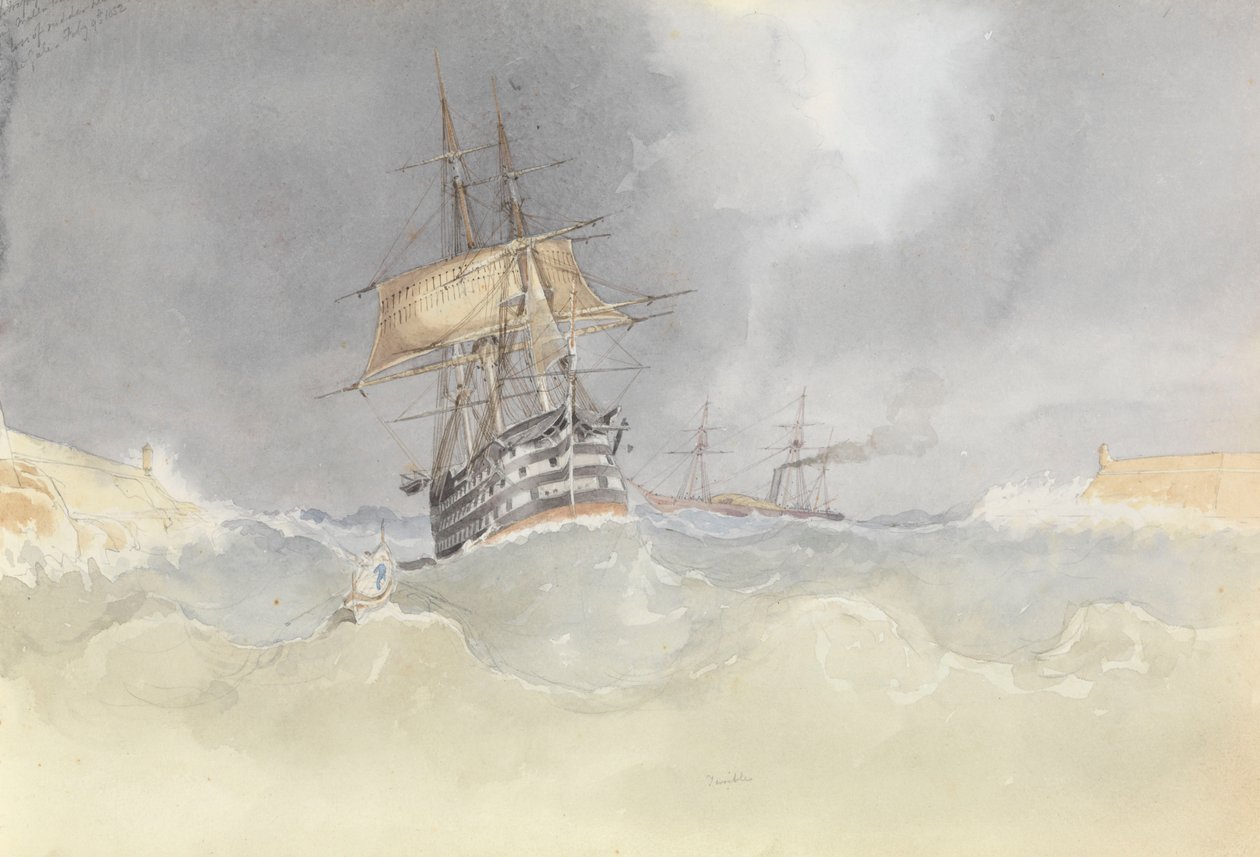 HMS "Trafalgar" wpływający do portu na Malcie po utracie steru po wichurze, 9 lutego 1852 r. autorstwa George Pechell Mends