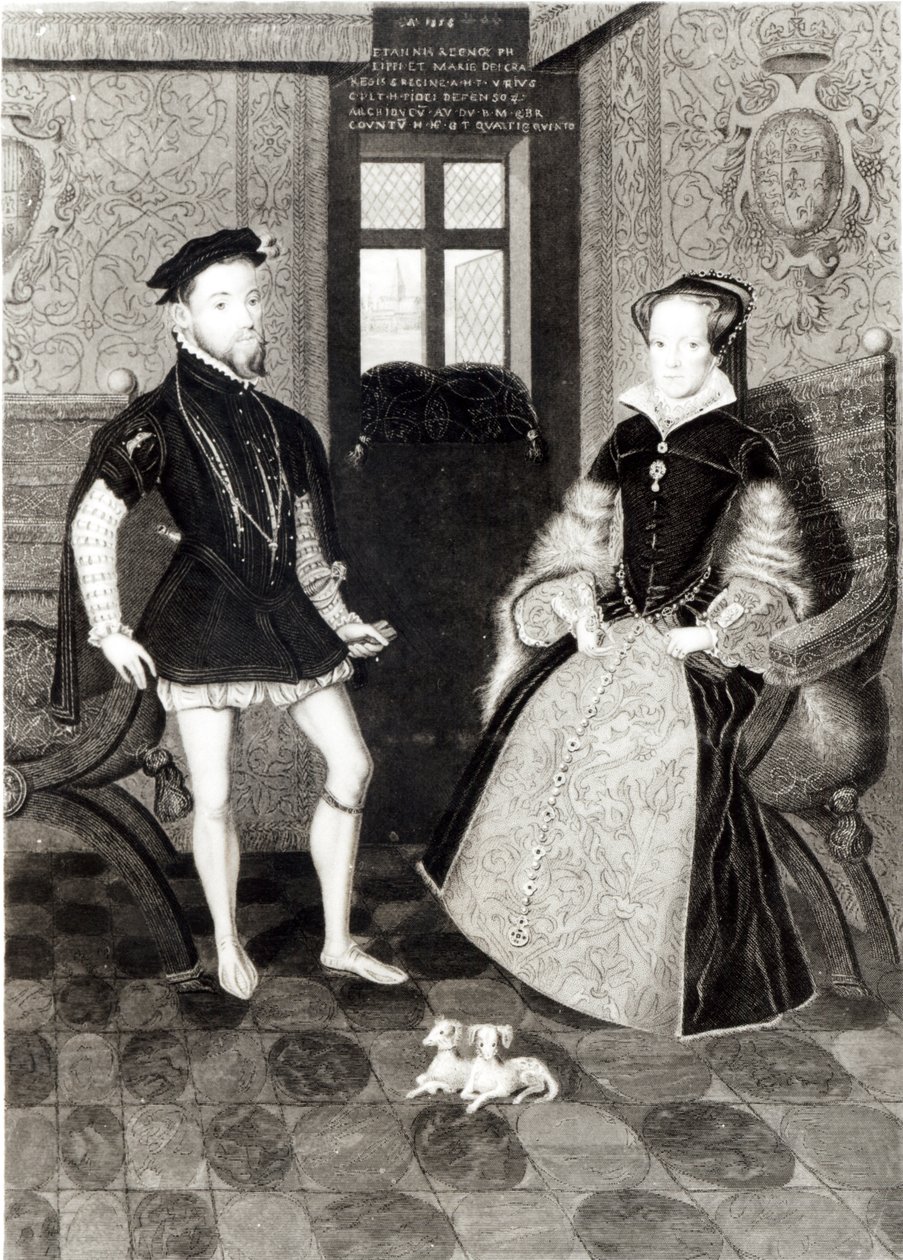 Portret Filipa II z Hiszpanii (1527-98) i królowej Marii I (1516-58) grawerowany przez Josepha Browna, 1812 autorstwa George Perfect Harding