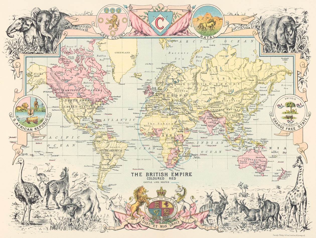 Mapa brytyjskiego imperium światowego, z Castle Line Atlas of South Africa autorstwa George Philip