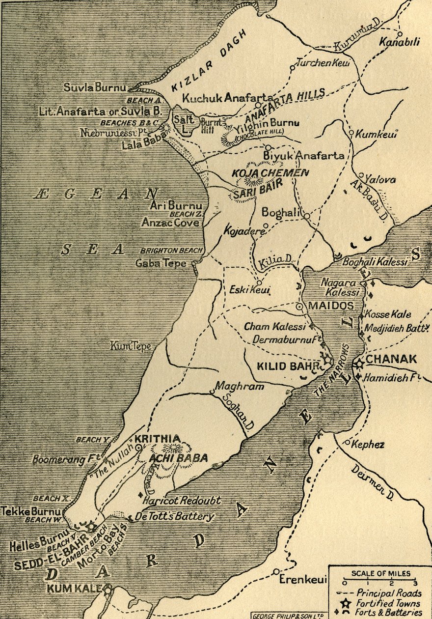 Mapa Półwyspu Gallipoli, 1919. autorstwa George Philip and Son Ltd