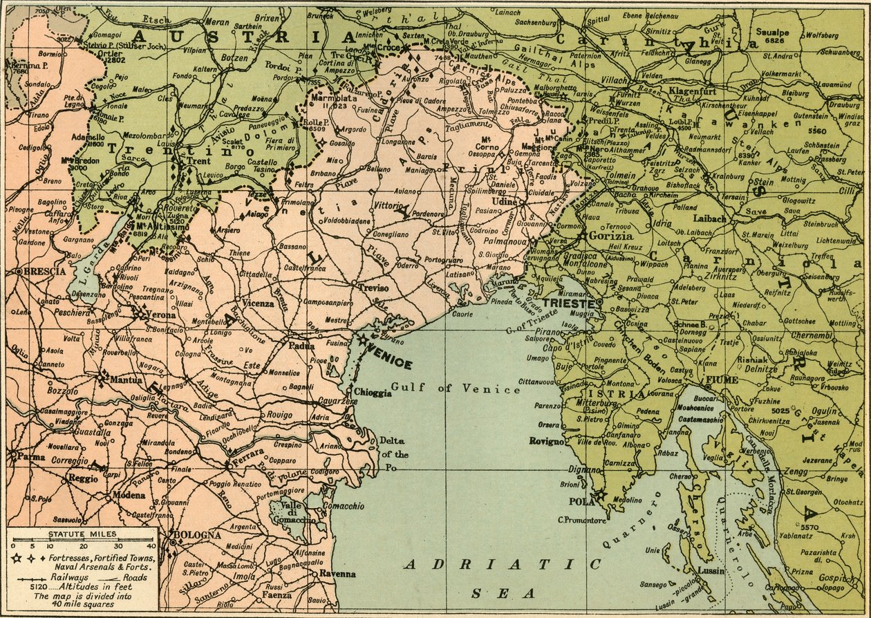 Mapa Włoskiego Frontu Bojowego, 1919. autorstwa George Philip and Son Ltd