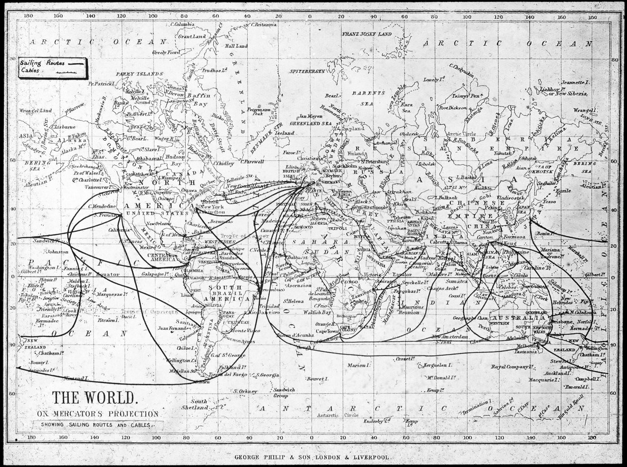 Mapa świata przedstawiająca szlaki żeglarskie i kable telegraficzne, ok. 1893 r. autorstwa George Philip and Son Ltd