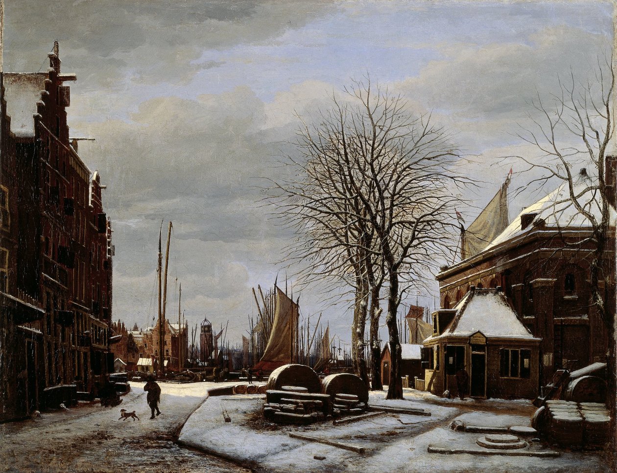 Slijpsteenmarkt (targ Osełek) w Amsterdamie z budynkiem „Het Zeerecht” zimą (Slypsteenen w Amsterdamie) autorstwa George Pieter Westenberg