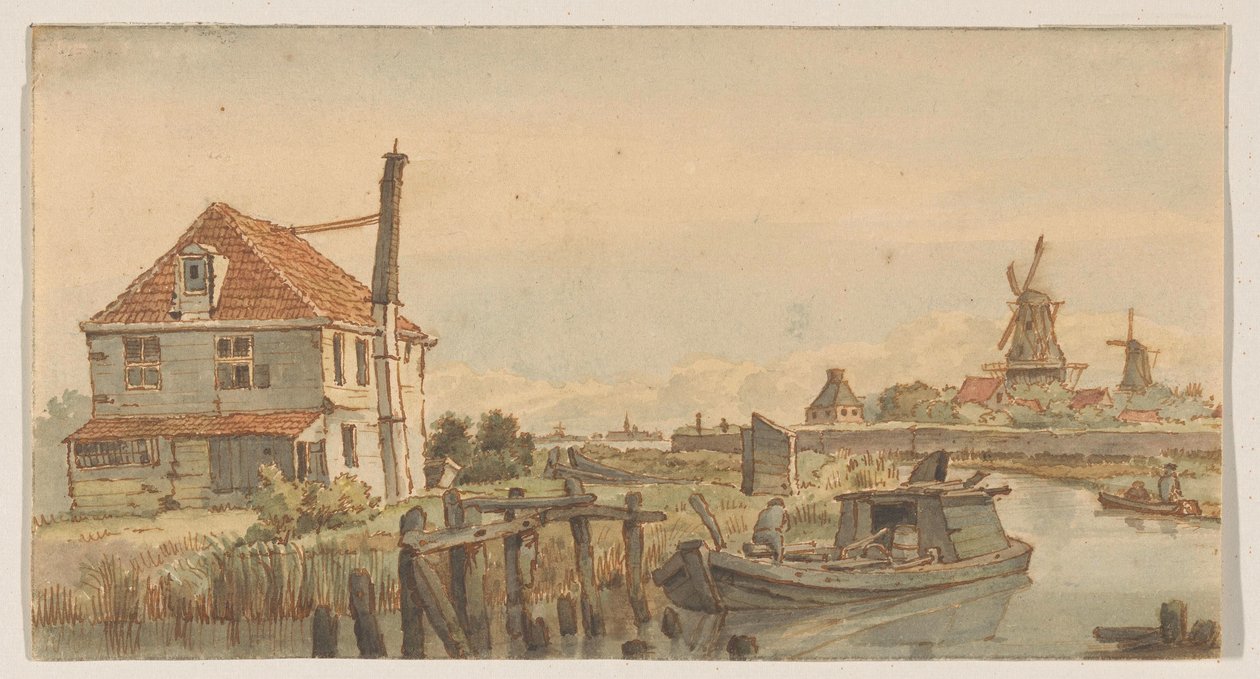 Płyń z łódką, domem i dwoma wiatrakami autorstwa George Pieter Westenberg