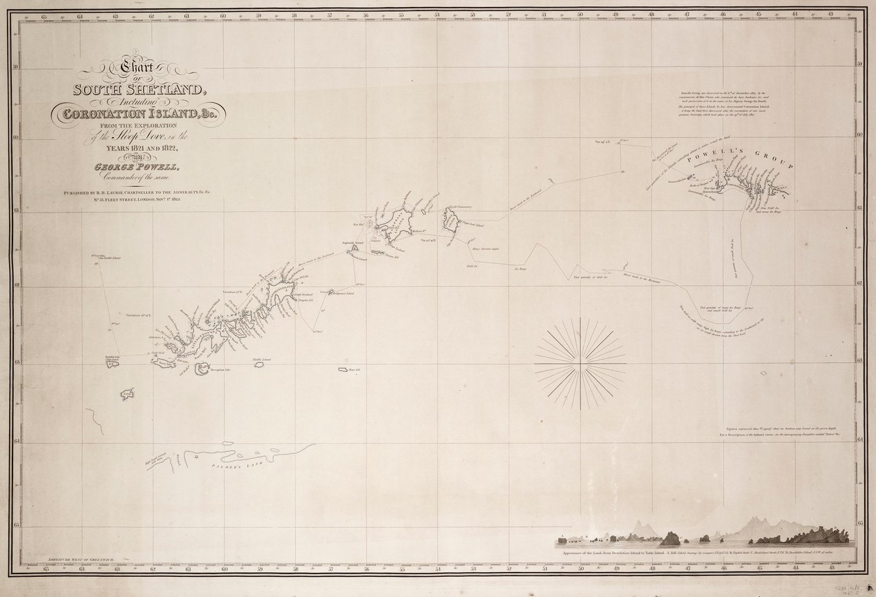 Mapa Szetlandów Południowych, w tym Wyspy Koronacyjnej, z eksploracji statku Dove w latach 1821 i 1822 przez George